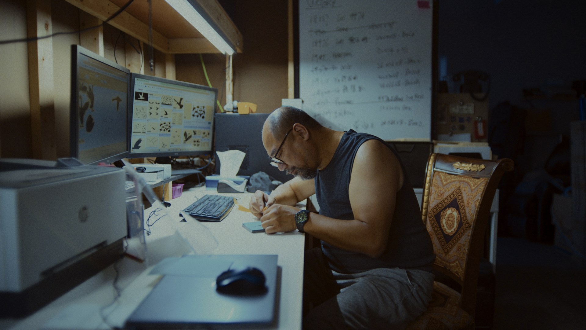 A person working at a desk in a wood-panelled workshop